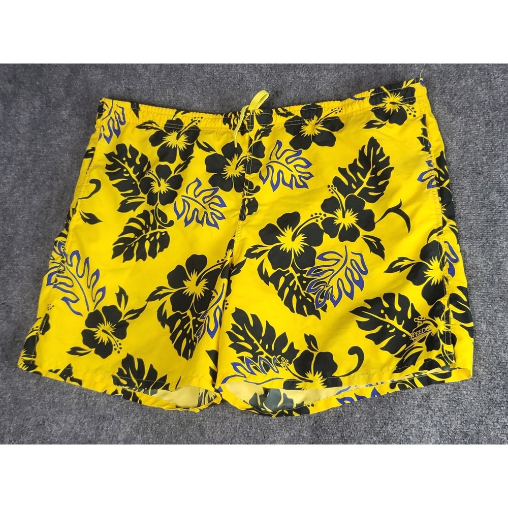 Speedo Swim Trunks Mens XXL Yellow Black Blue Floral Hawaiian Beach Board Shorts